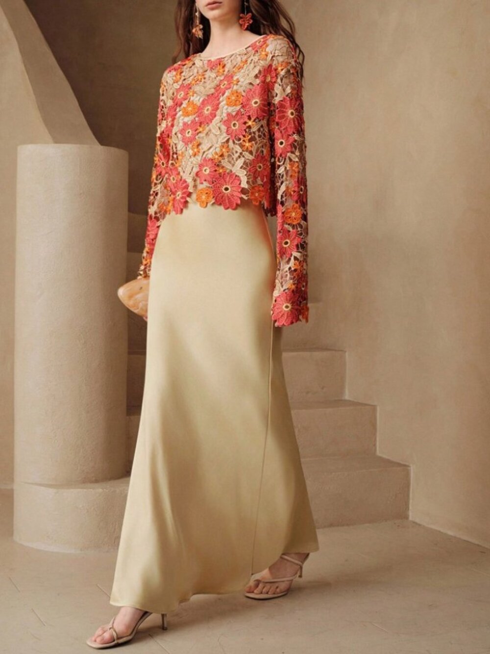 Coral Floral Lace Crop Top & Sage Satin Maxi Slip Dress Set